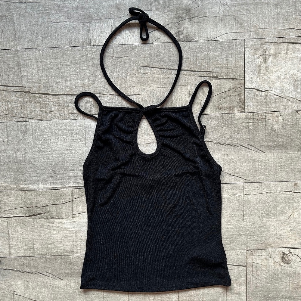 ADIKA Y2K 90s Black Metallic Glitter Halter Keyhole Cut Out Crop Top Grunge S